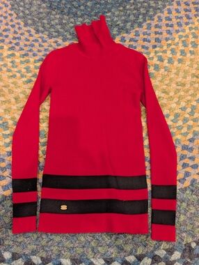 Ralph Lauren Red Ribbed Turtleneck Sweater with Black Stripe Detail